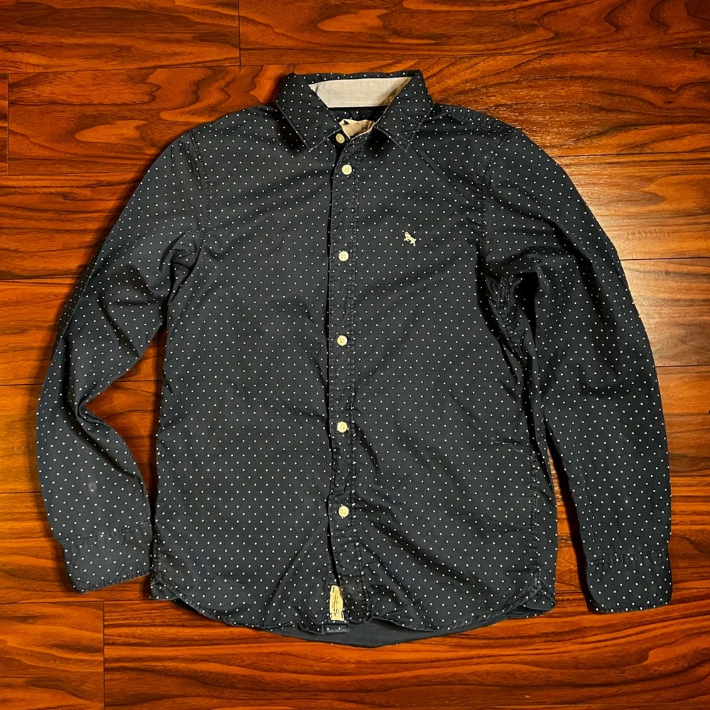 Boys Navy Button Down shirt w/light blue dots